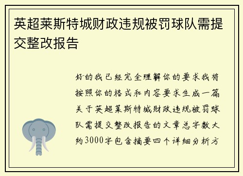 英超莱斯特城财政违规被罚球队需提交整改报告 英超莱斯特城财政违规被罚球队需提交整改报告
