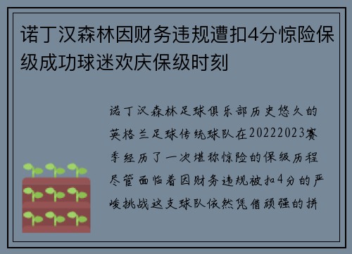 诺丁汉森林因财务违规遭扣4分惊险保级成功球迷欢庆保级时刻