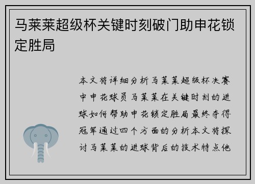 马莱莱超级杯关键时刻破门助申花锁定胜局 马莱莱超级杯关键时刻破门助申花锁定胜局