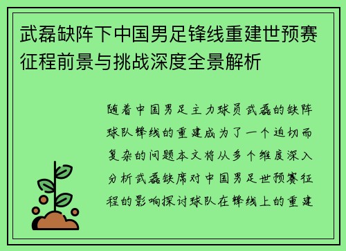 武磊缺阵下中国男足锋线重建世预赛征程前景与挑战深度全景解析 武磊缺阵下中国男足锋线重建世预赛征程前景与挑战深度全景解析
